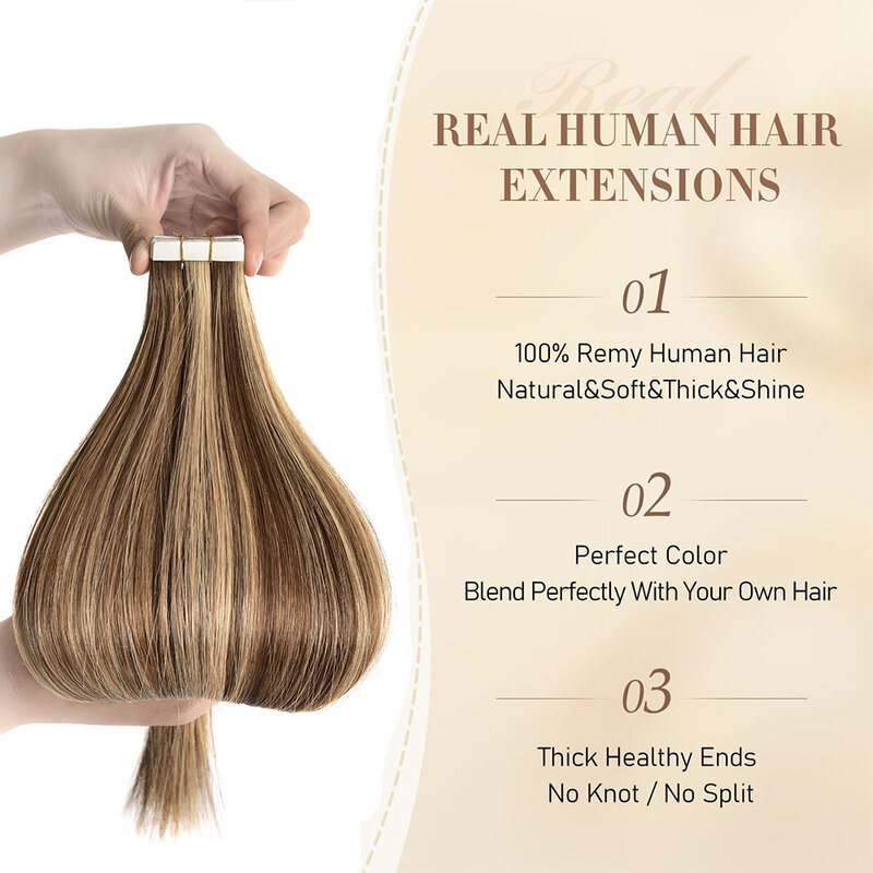 Tape in Hair Extensions Human Hair Seamless Invisible Tape in Extensions Chocolate Brown to Caramel Blonde #P4/27 20pcs 50g