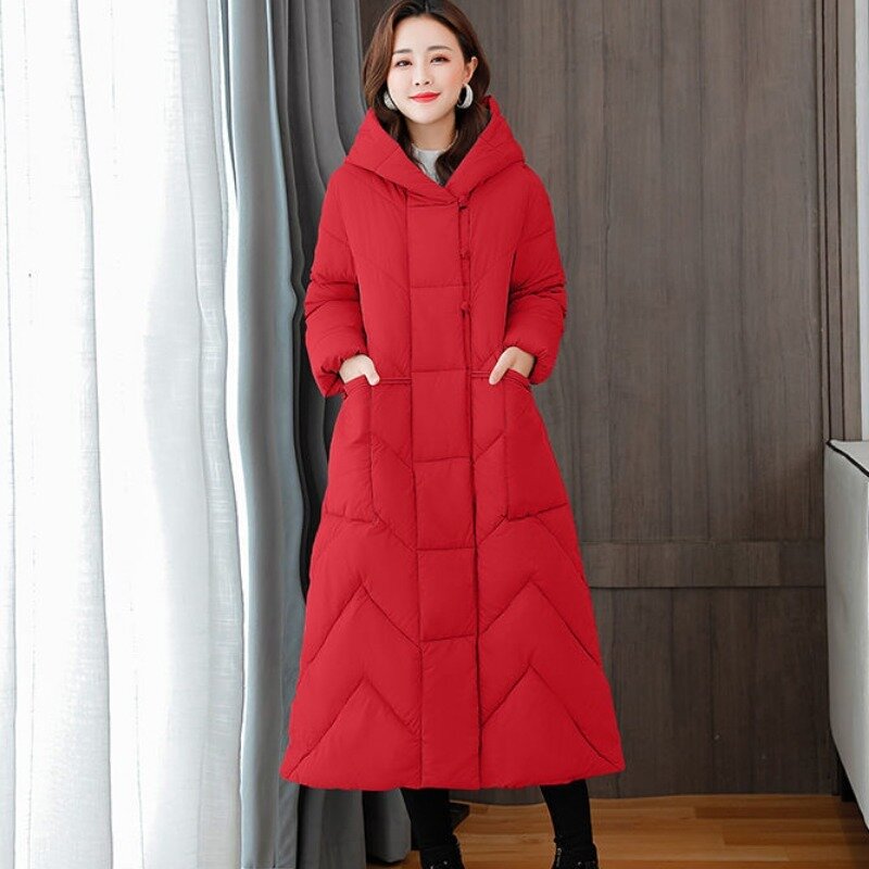 2023 New Women Down Cotton Coat Winter Jacket Female Long Retro Parkas Loose Thick Warm Outwear Leisure Time Hooded Overcoat