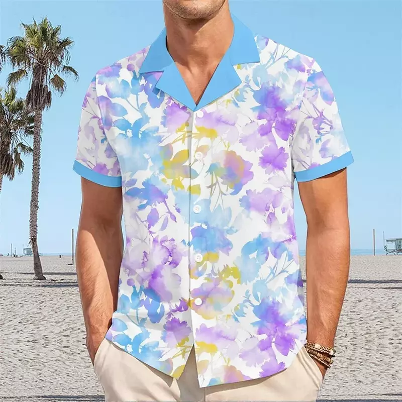 เสื้อฮาวายของผู้ชายผ้าที่ใส่สบายและนุ่มพิมพ์ลายดอกไม้สีฟ้าแบบ3D แขนสั้นไซส์ใหญ่เสื้อผ้าแนวรีสอร์ต