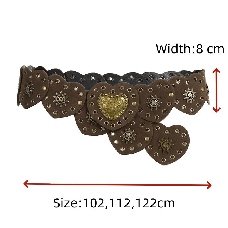Cinturón con alfileres marrones para niñas, accesorios decorados con corazones de amor blancos, estilo bohemio, Retro, de cuero PU