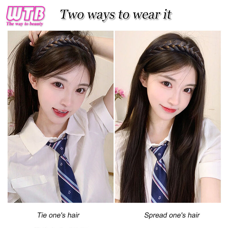 WTB-peruca sintética do cabelo trançado para mulheres, hairband prolongado integrado, hairband longo