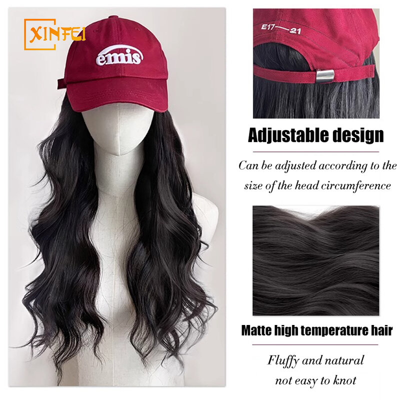 Feminino longo encaracolado peruca sintética chapéu, boné de beisebol ajustável, top completo, moda natural fofo, vinho vermelho, onda grande, 1 pc, novo