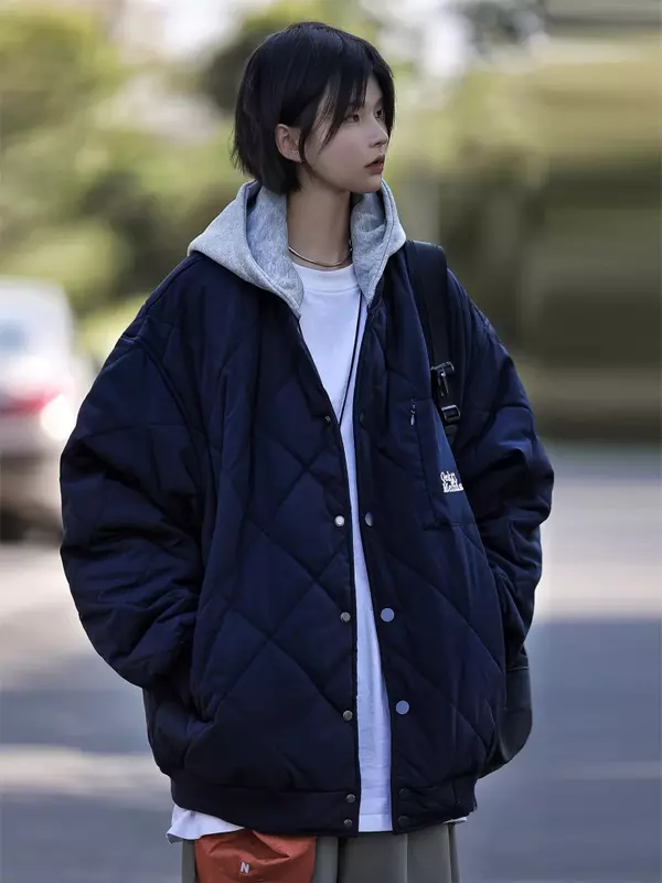 Pikowane płaszcze z kapturem męskie damskie w stylu Vintage zdejmowany kaptur zimowe strój baseballowy Harajuku lekkie luźne parki odzież wierzchnia Unisex