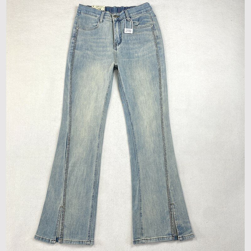 Plus Size Retro Hot Drilling Schlitz Micro Flared Jeans für Frauen Frühling Sommer dünne hohe Taille Stretch schlanke Hose in voller Länge