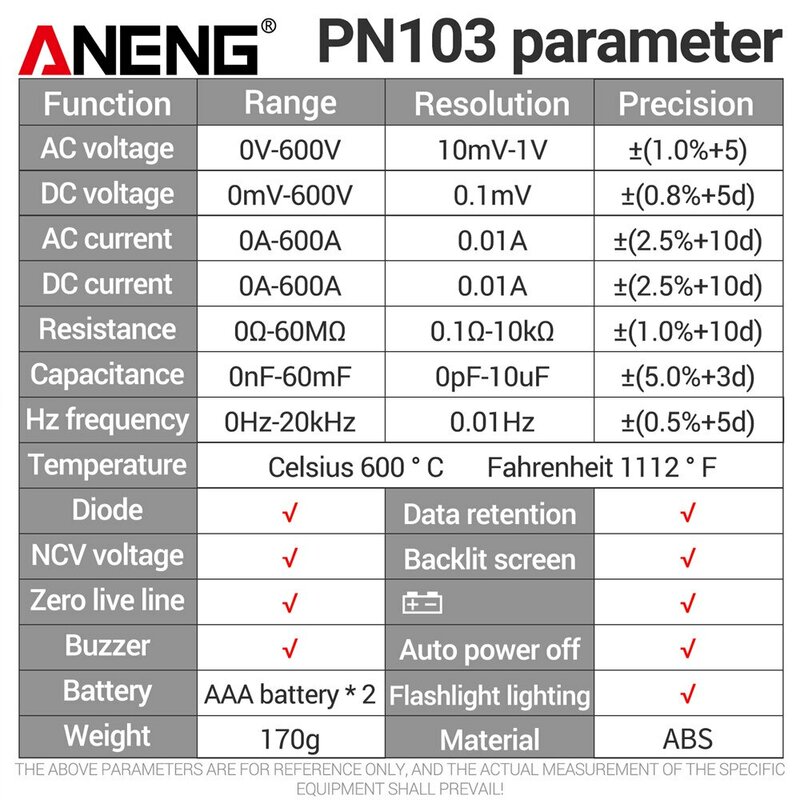 ANENG-multímetro Digital PN103, medidor de abrazadera de 6000 recuentos, 600A, Corriente CA/CC, probador de voltaje Hz, capacitancia NCV Ohm, probadores de diodo