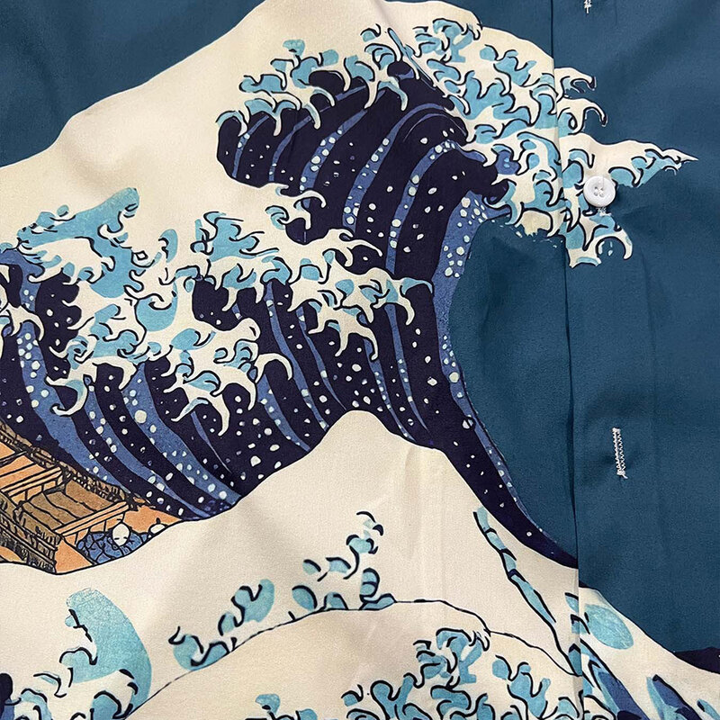 Camisas extragrandes com estampa gráfica, manga curta, blusa de botão, Tops Harajuku, Kanagawa, Y2K, Hip Hop, Japonês, 2024
