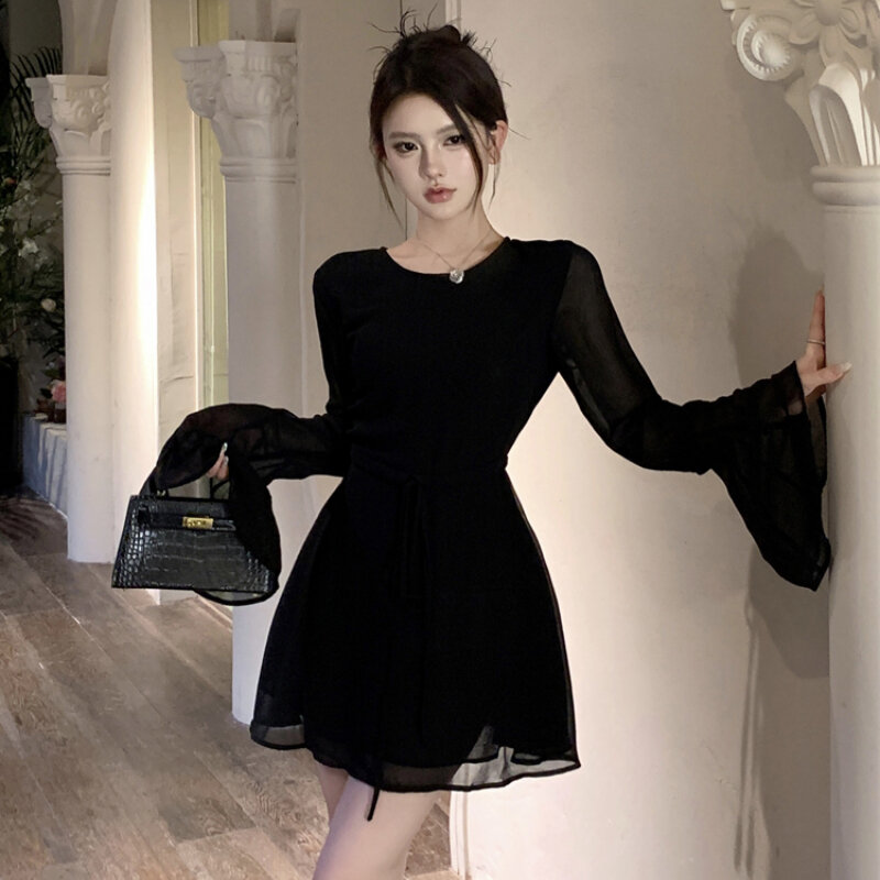 HOUZHOU Backless Black Short Dresses for Women Elegant Back Hollow Out Lace-up Long Sleeve Mesh Sheer Mini Evening Dress Summer