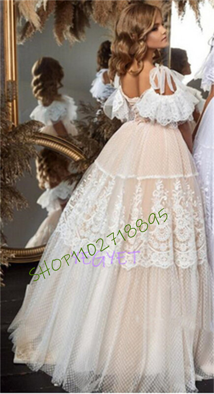Изящное белое кружевное платье с цветочным рисунком для девочек, свадебный корсет, длинное платье на спину для первого причастия, Пышное Платье
