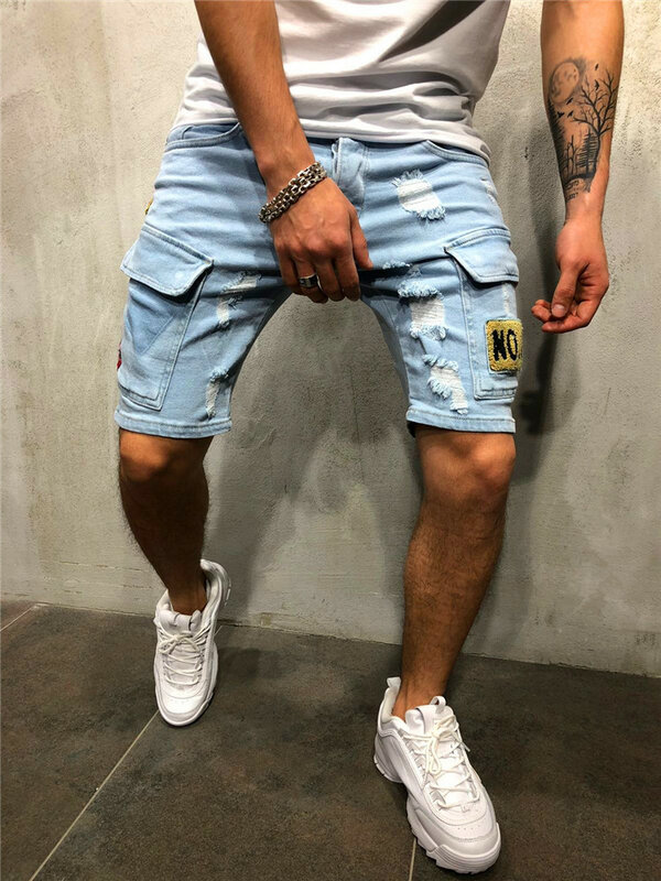 Zomer Nieuwe Stretch Gescheurde Korte Jeans Streetwear Pocket Mode Hip-Hop Blauw Slank Denim Shorts Merk Kleding Man
