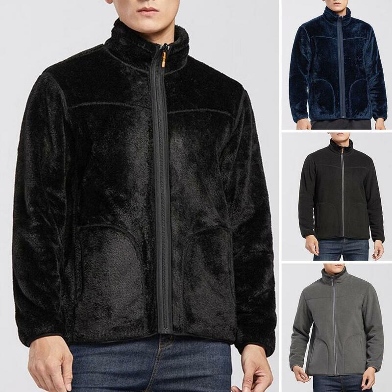 Men Polyester Jacket Cozy Windproof Men's Jacket With Stand Collar Thick Plush Lining Zipper Closure Winter Warmth Neck For Men
