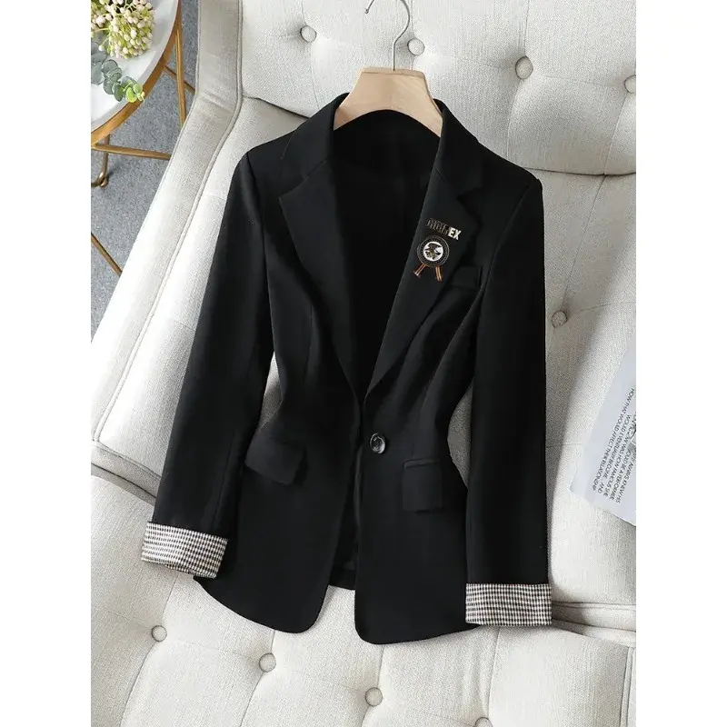 Jaqueta monocromática de botão único feminina, preta, marrom, caqui, casaco casual com blazer, primavera, outono