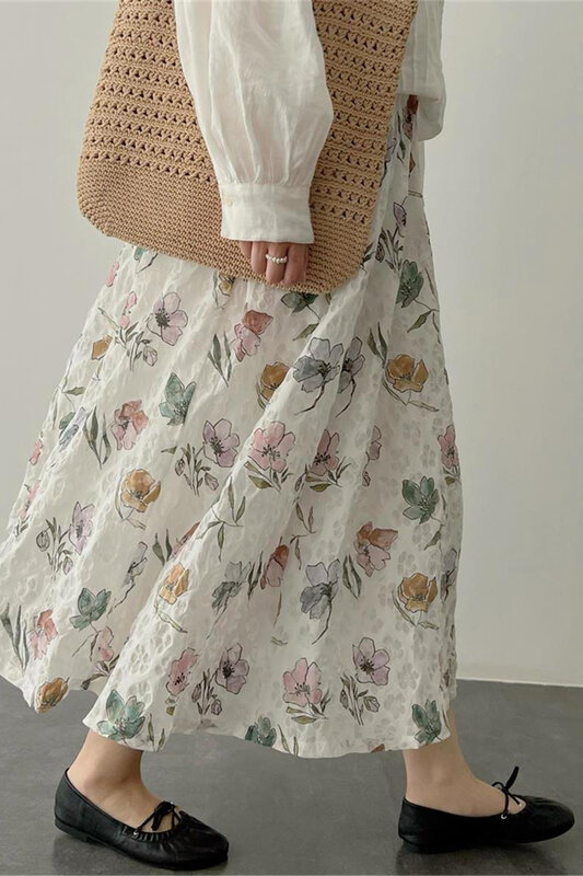 Rok Midi motif A-line untuk wanita, rok katun Combed motif bunga