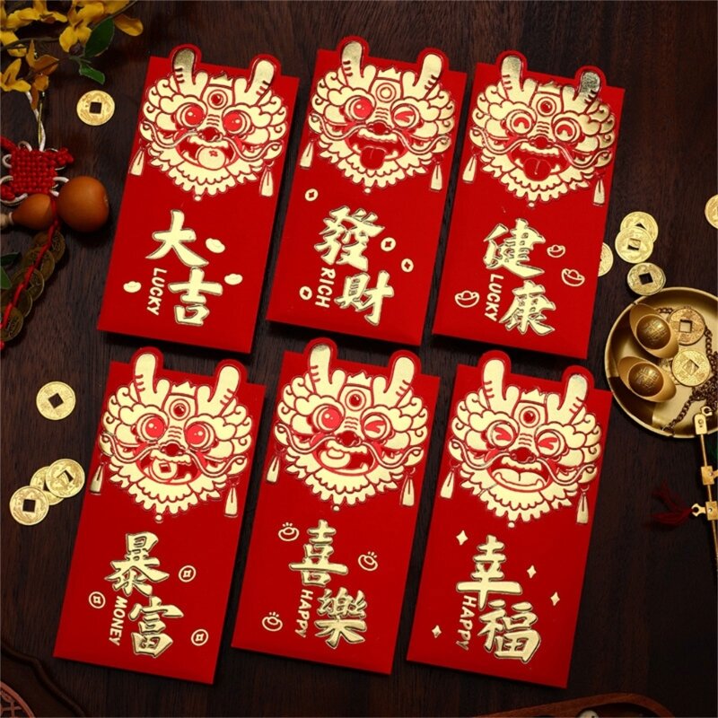 Amplop Merah Gaya Cina 6 Buah, Tas Uang Dekoratif untuk Perayaan Khusus Dompet Tradisional/Keberuntungan Hong Baos