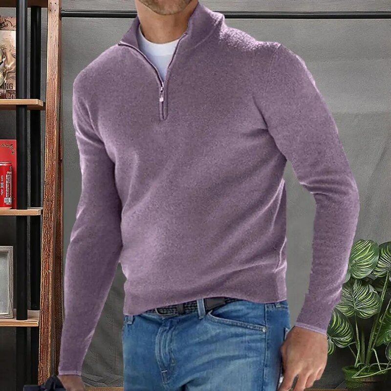 Sweater pria, atasan hangat kasual warna polos, perlindungan leher berdiri ritsleting musim dingin untuk lelaki