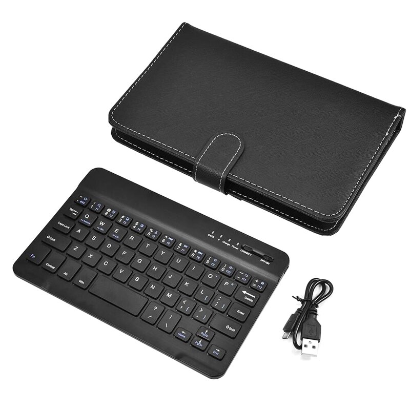 スマートフォンとタブレット用のミニBluetoothワイヤレスキーボード,PUレザーケース付き,充電式,黒,4.5-6.8インチ