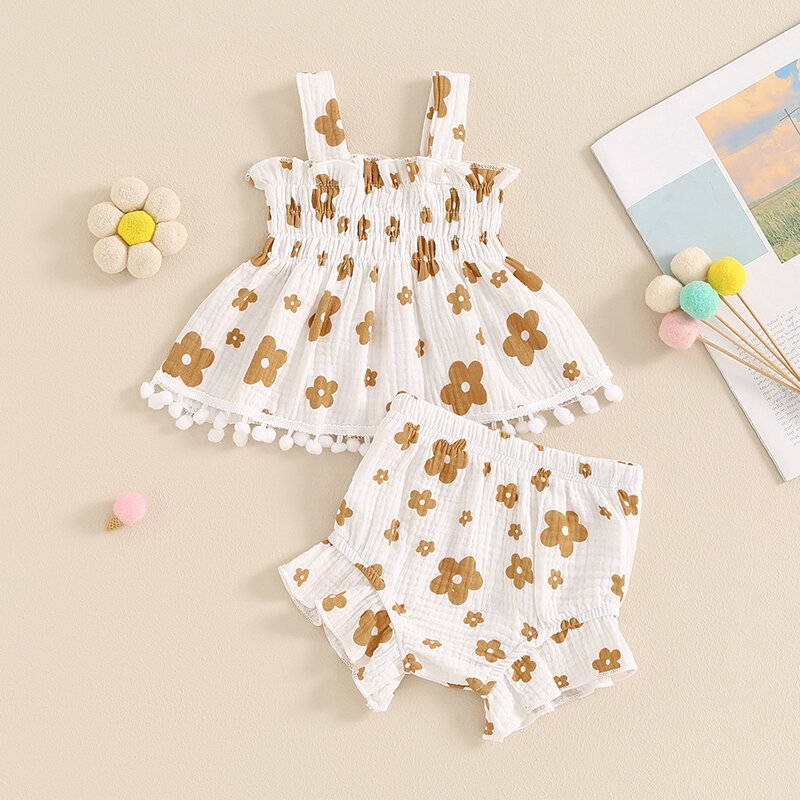 Conjuntos de verano para niñas pequeñas, con estampado Floral camisola, Tops y pantalones cortos con volantes elásticos, ropa bonita a la moda