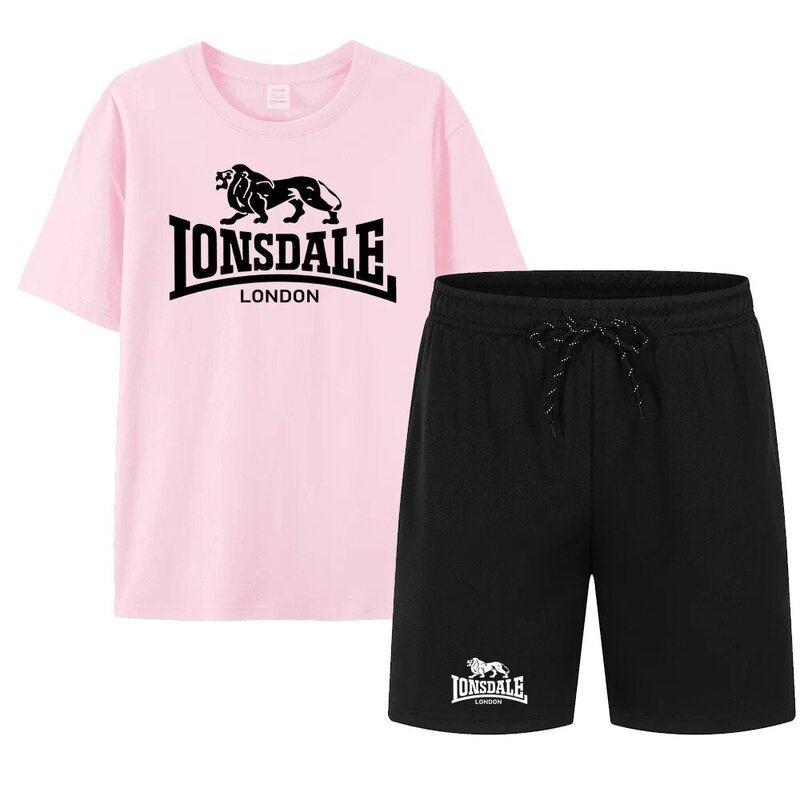 T-shirt rosa estampa de leão com estampa de letras, conjunto de verão, lazer, roupas esportivas da moda, roupa esportiva, roupa diária de rua para viagem em casa