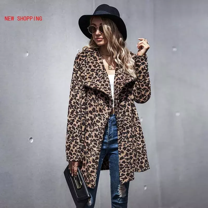 Abrigo de peluche de leopardo para mujer, Chaqueta larga mullida de piel sintética con solapa, gruesa y cálida, otoño e invierno, novedad