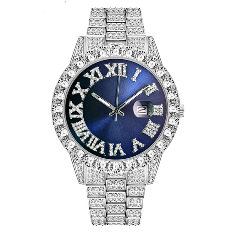 ヒップホップアイスアウト腕時計男性高級ブランドダイヤモンドメンズ腕時計カレンダークォーツ腕時計男性時計ギフト男性ドロップシッピングのための