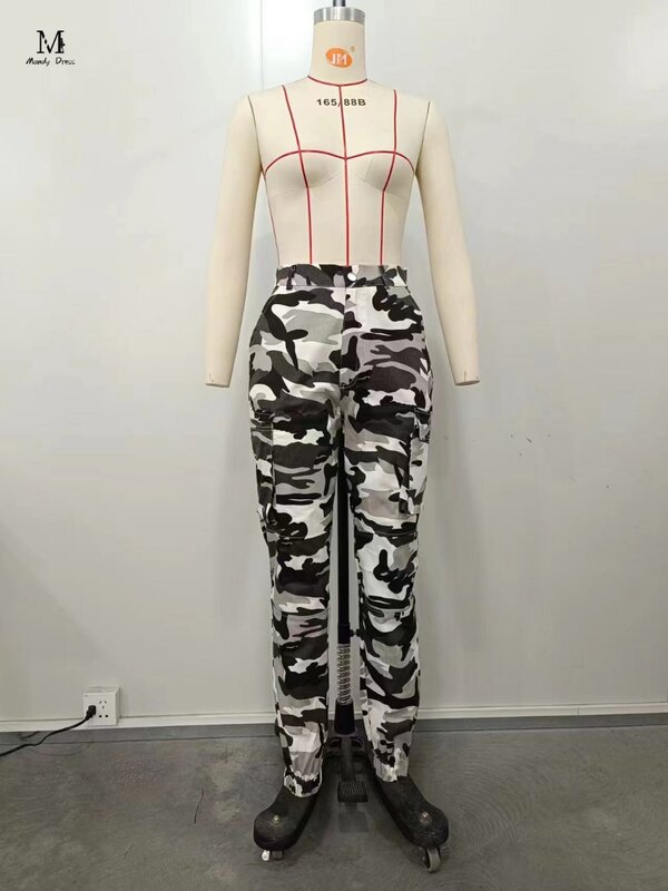 Modne kamuflażowe spodnie ołówkowe damskie z wysokim stanem z kieszeniami na zamek błyskawiczny, obcisłe damskie spodnie Streetwear 2024