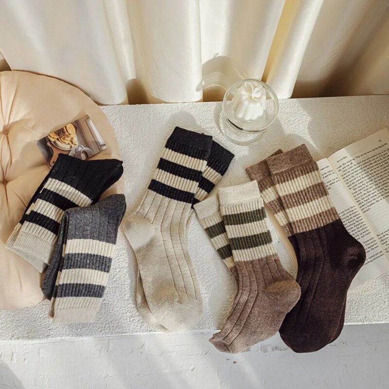 Chaussettes en laine à rayures simples pour filles, bonneterie à tube moyen Harajuku, style coréen, style collège décontracté, automne