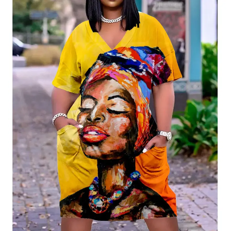 Abito ampio di media lunghezza da donna, stampa 3D, multicolore, abbigliamento donna africano, estate, nuovo, di grandi dimensioni