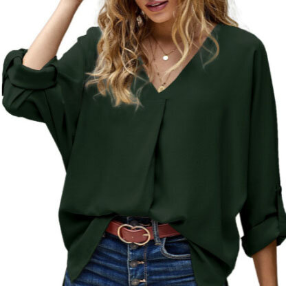 Womens Work Blouses 3/4 Sleeve Button Down Shirt Casual V Neck Blouse Solid Color Roll Up Sleeve Casual Work Blouses