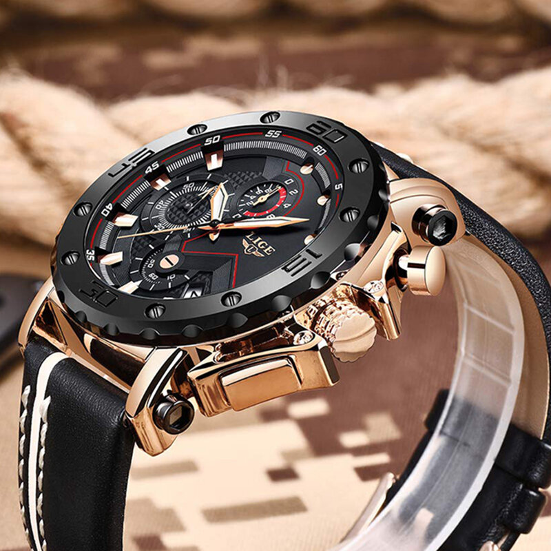 Часы наручные LIGE мужские с кожаным ремешком, роскошные брендовые большие водонепроницаемые кварцевые спортивные с хронографом