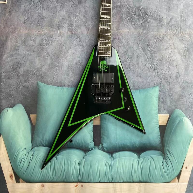 Guitarra elétrica de 6 cordas, corpo preto com listras verdes, escala de madeira rosa, trilha de bordo, fotos reais de fábrica, pode ser shipp
