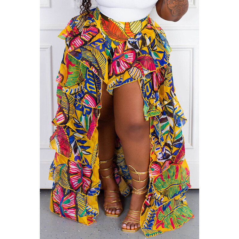 Plus Size Boho All Over Print Ruffle Irregular Hem Tiered Skirt