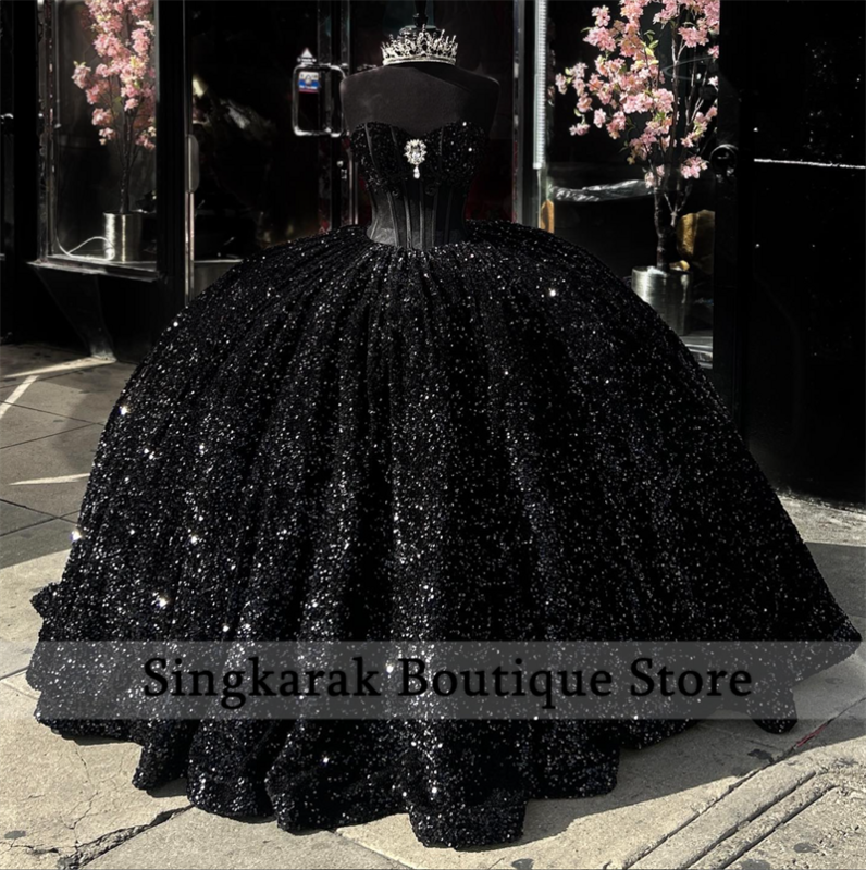 Elegant Black Ball Gown Quinceanera Dress Sweetheart Sweet 16 Dress Crystals Sequins Rhinestones Vestidos Party Gown Corset