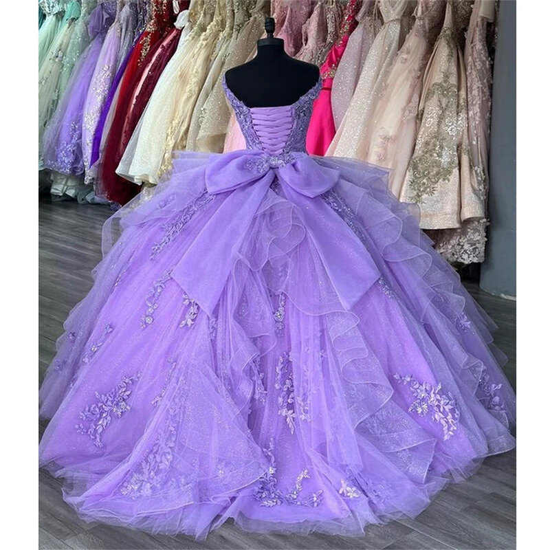Romantic Purple Shiny V-Neck Ball Gown Quinceanera Dresses 2024 3D Flower Applique Sweet 16 Dress