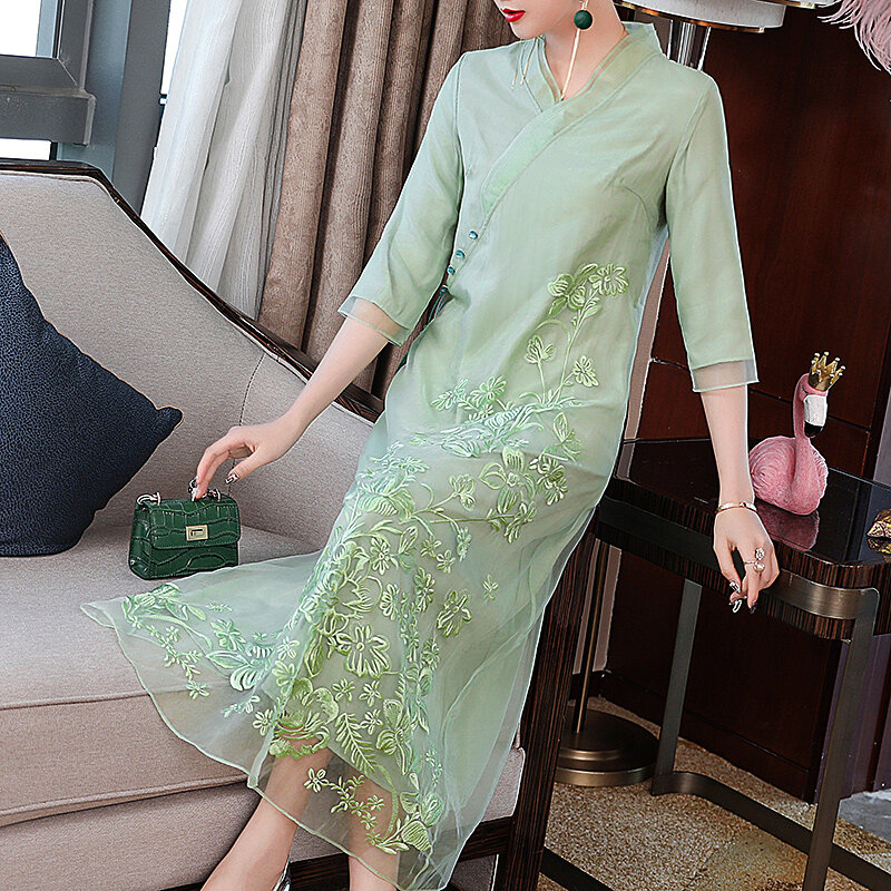 Vestido feminino retrô elegante bordado com decote em v, Lady Party Hanfu Dress, Linha A, High-End, S-XXL, Verão