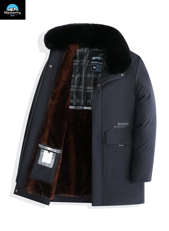 2023 Winter Men's Long Padded Coat Fashion Men's Detachable Wool Collar Warm Parka Business Casual Fleece-lined Windproof Jacket