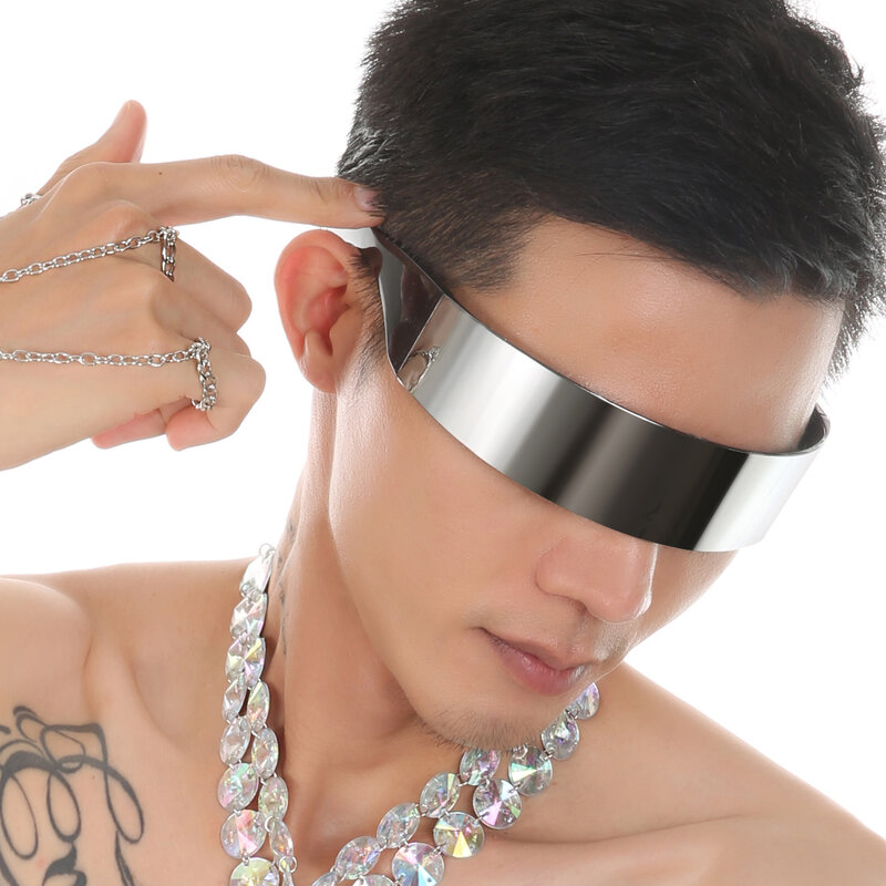 CLEVER-MENMODE kacamata lensa masker mata Cyberpunk kacamata pria seksi tanpa bingkai pesta suasana kacamata Cyber Punk futuristik Hip Hop