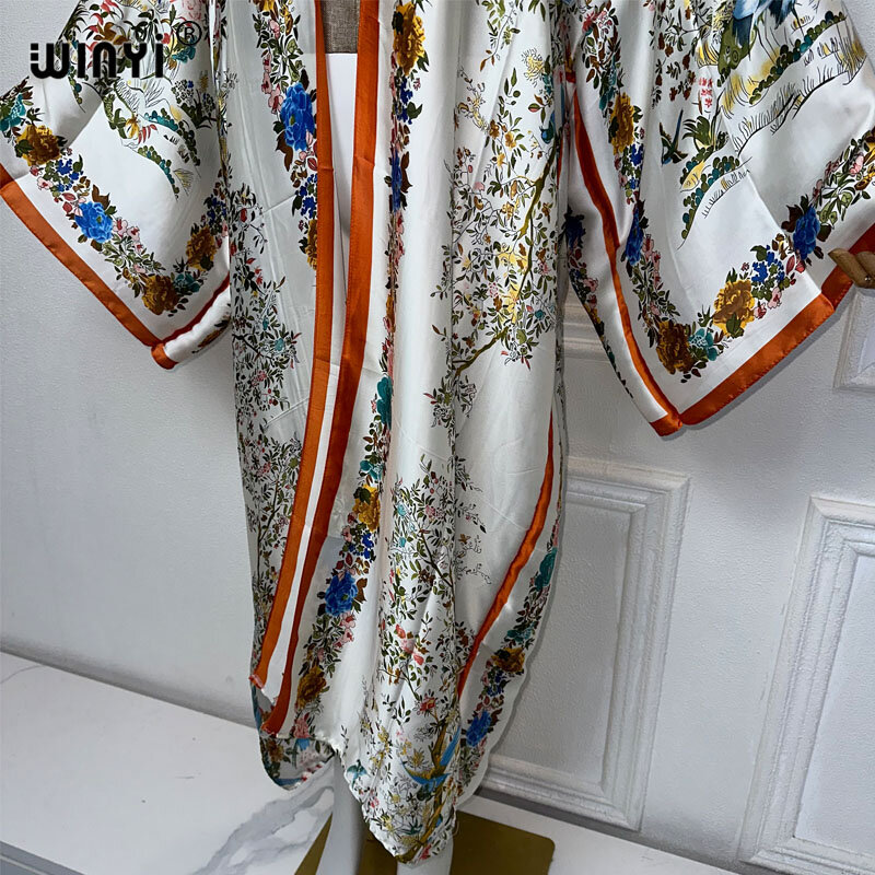 WINYI-Vestido feminino de quimono com estampa maxi, cardigã elegante, moda praia africana, roupas de luxo, Dubai Abaya, verão