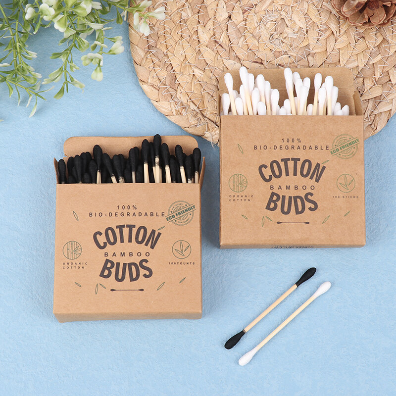 100PCS/Box Double Head Cotton Swab Bamboo Sticks Cotton Swab Disposable Buds Cotton For Beauty Makeup Nose Ears Cleaning