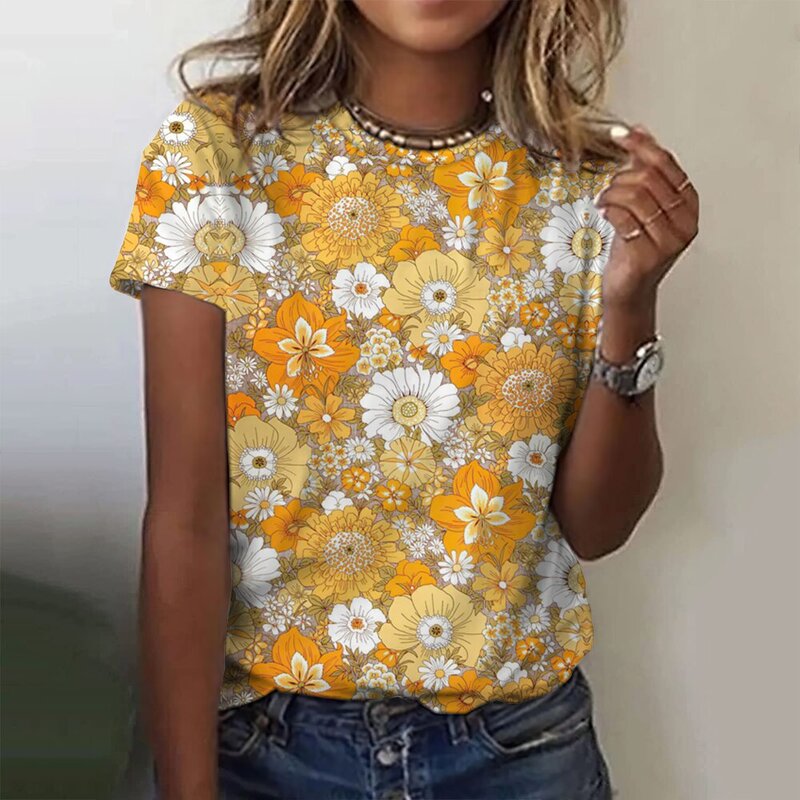 T-shirt manches courtes col rond femme, estival et à la mode, avec impression 3D, graphique floral, harajuku