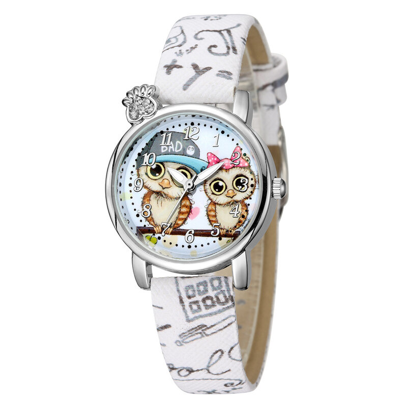 Cute and Sweet Casual Style Owl Pattern Belt Watch Female Diamond-studded Boy Girl Children Cartoon Quartz Watch