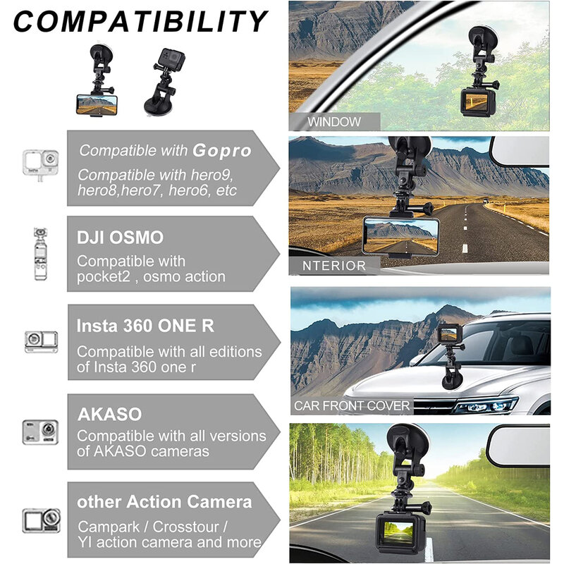 Soporte de ventosa para parabrisas de coche, soporte para GoPro Hero 11, 10, 9, 8, 7, 6, 5, 4, DJI OSMO Action Camera para iPhone y Smartphone