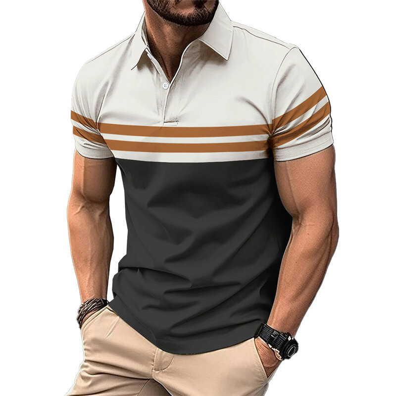 Camiseta de poliéster masculina casual verão, tops com listras esportivas, blusa de gola de botão, regular, confortável