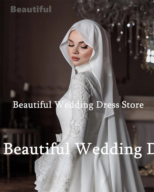 Vestido de casamento muçulmano para mulheres, Apliques de renda, linha A, vestido de noiva árabe, vestido de festa luxuoso