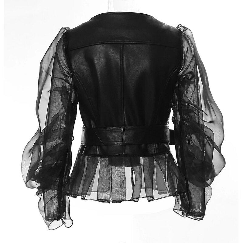 Новинка, модный женский жилет из искусственной кожи в стиле стимпанк, гранж, винтажный сетчатый укороченный топ с кружевом, пикантная облегающая мотоциклетная куртка без рукавов