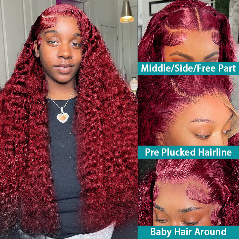 34 inci longgar gelombang dalam Burgundy 13x6 HD renda Frontal Wig 99j merah keriting 13x4 renda depan Remy Brasil untuk wanita wig rambut manusia