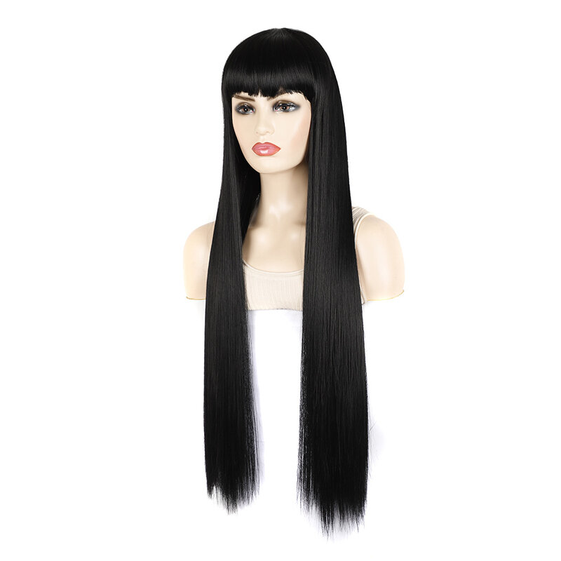31Inch Black Synthetic Hair Wigs Women's Oblique and Straight Wig Bangs for Women Long Straight Hair Wig