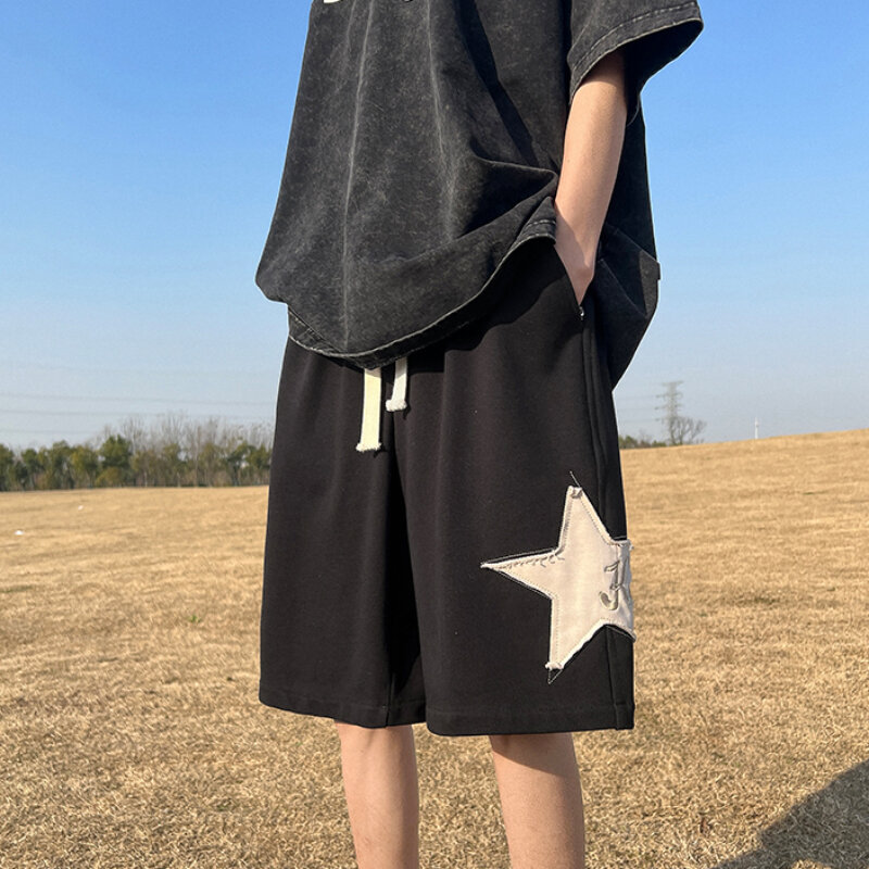 3 Colors Cargo Shorts Men Baggy American Style Retro Summer Chic All-match Drawstring Star-spliced Knee Length Trousers Unisex
