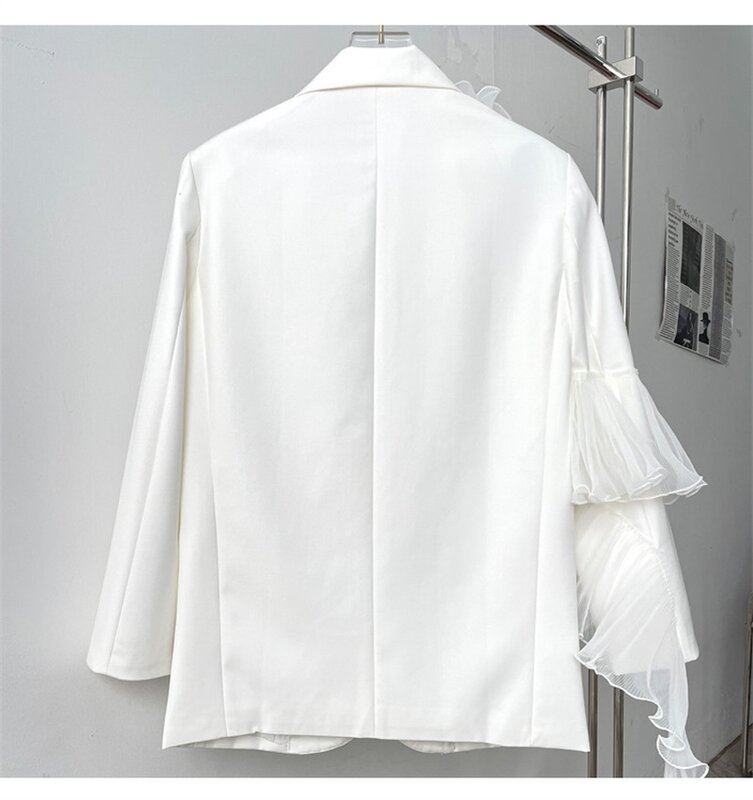 Top de manga de malha tridimensional para mulheres, terno de emenda branco, top solto, peito único, jaqueta estilo Fragrans pequena