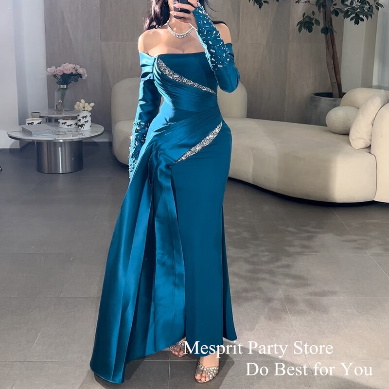 Mesprit Blue Evening Dress Beads Long Sleeves Boat Neck Pleat Ankle Length Mermaid Formal Party Gown Custom Prom Dresses