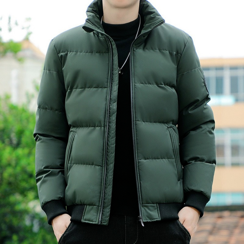 Jaket Puffer Pria Kerah Tegak Kasual Pakaian Jalanan Katun Empuk Tebal Mantel Hangat Ringan Pakaian Jalan Pria