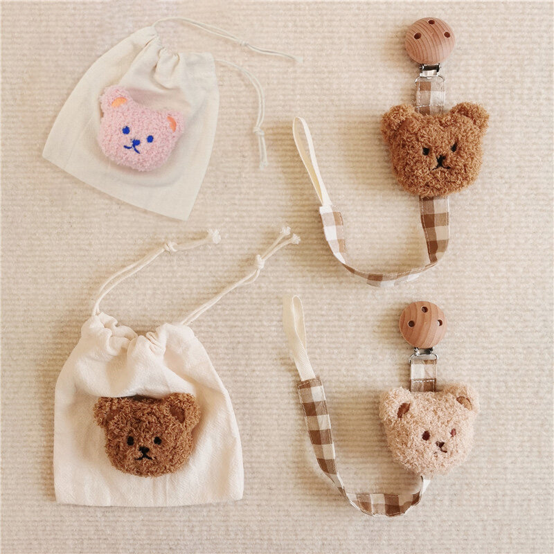 Plaid Cloth Bear Baby Pacifier Clip Chain Baby Products Anti-lost Chain Rope Baby Pacifier Chain With Dust Bag Nipple Chains